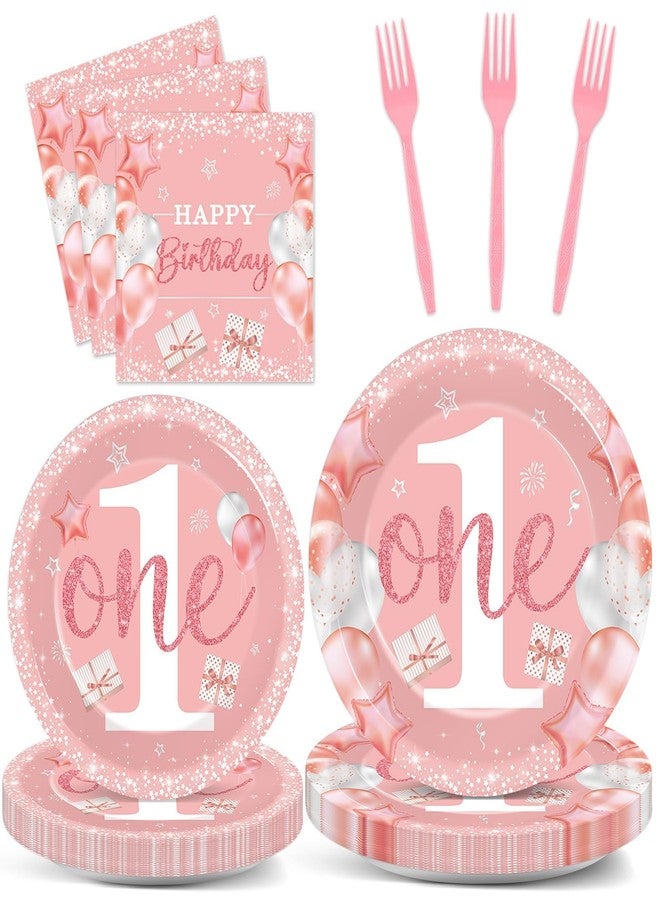 Wiooffen 96 Pcs Girl 1st Party Supplies Pink One Year Old Paper Plates Baby Girl 1st Birthday Decoration Pink DisposableTableware Set Bridal Shower Birthday Party Paper Plate Napkin Fork 24 Guests - Image 1